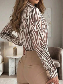Áo sơ mi nữ họa tiết ngựa vằn Paisley, túi cài nút phía trước bằng polyester, thường ngày xuân thu - Nhiều màu - Xem 8