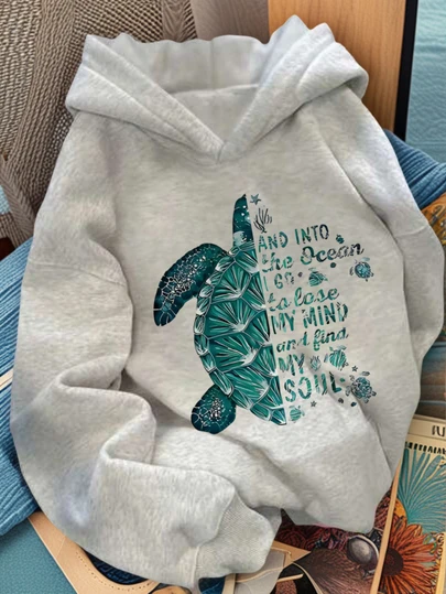 1件少女休闲印花套头卫衣，保暖内衬，长袖，秋冬季 - 趣味多彩的卫衣，激发孩子们的想象力