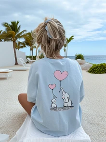 1件女童休闲爱心、气球、大象图案印花圆领短袖T恤，夏季学生少女装 - 激发想象力和自我表达，情人节快乐！ - 淺藍色 - 查看 1