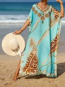 Bata de mujer de talla grande con estilo bohemio, vestido con estampado de leopardo y paisley con cuello en V - Multicolor - Ver 4