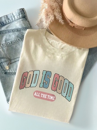 1 件女童休闲印花圆领短袖 T 恤，夏季学生青少年服装 - 彩色字母艺术风格 T 恤，激发想象力和自我表达