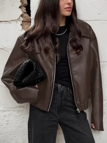 معطف نسائي مناسب للربيع والخريف، مريح وبارد وأنيق، له طابع جوي، مناسب للسفر، له إحساس بالحرية، سحاب، مطابقة سهلة، أكمام طويلة، تجميع، طوق، عطلة ترفيهية، غير مرن، نسيج ملمس، عصري وبسيط - بني - مشاهدة 1