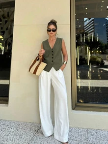 Women's Elegant Green Sleeveless Single-Breasted Vest-Style Lightweight Blazer,2026 Summer For Women