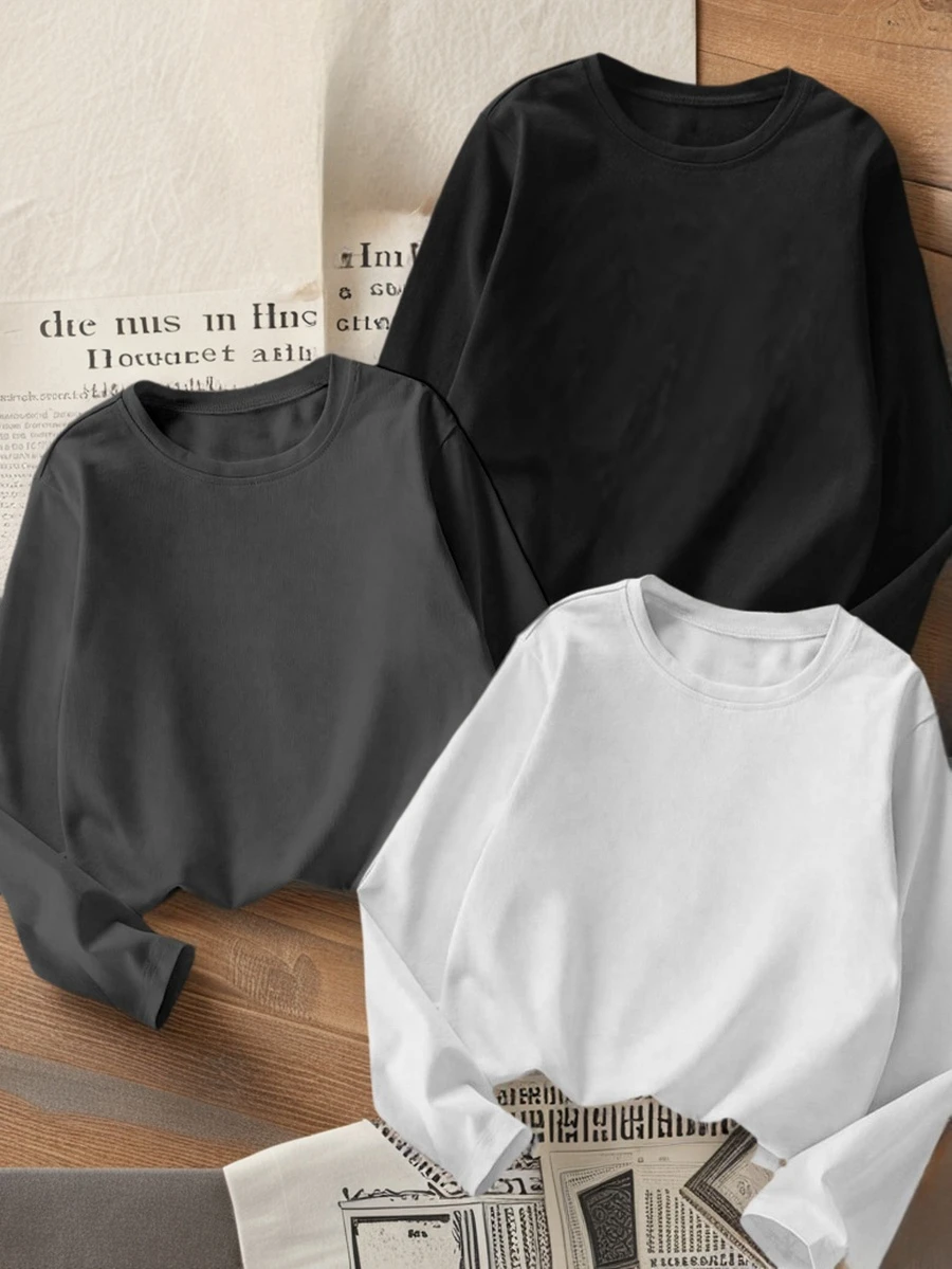 3 件套幼儿男童休闲印花圆领长袖 T 恤，纯色，秋冬学生装 - 适合每一位年轻潮流引领者的终极 T 恤系列 - 深灰色 - 查看 1