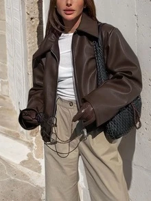 معطف نسائي مناسب للربيع والخريف، مريح وبارد وأنيق، له طابع جوي، مناسب للسفر، له إحساس بالحرية، سحاب، مطابقة سهلة، أكمام طويلة، تجميع، طوق، عطلة ترفيهية، غير مرن، نسيج ملمس، عصري وبسيط - بني - مشاهدة 2