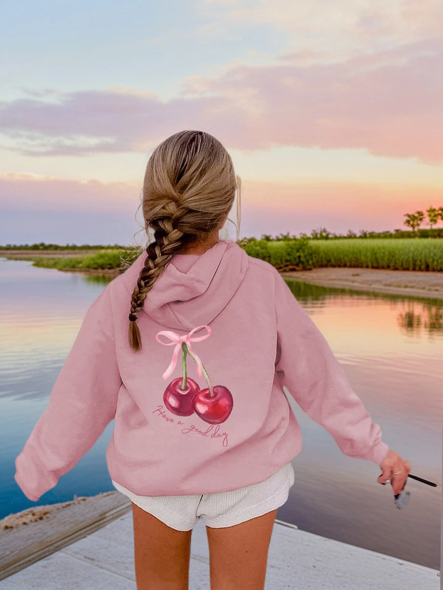 1 件青少年女孩休闲樱桃印花套头连帽衫运动衫，保暖内衬，年轻学生秋冬服装 - 粉色 - 查看 1