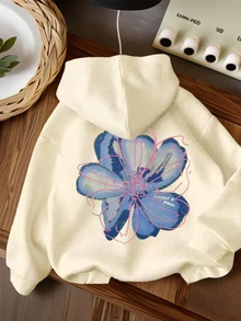 1件少女休闲印花套头卫衣，保暖内衬，长袖，秋冬季 - 花卉植物爱好者连帽上衣 - 杏色 - 查看 1