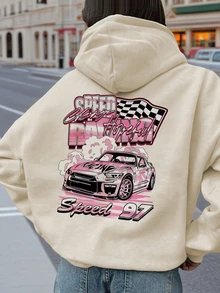 1 pieza Sudadera informal con estampado de coche de carreras para niña preadolescente, corte holgado, forro térmico cálido, adecuado para estudiantes y jóvenes, otoño/invierno - Albaricoque - Ver 1