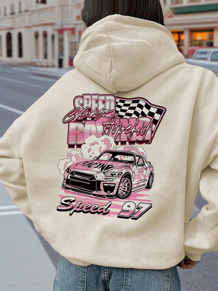 1 pieza Sudadera informal con estampado de coche de carreras para niña preadolescente, corte holgado, forro térmico cálido, adecuado para estudiantes y jóvenes, otoño/invierno - Albaricoque - Ver 1