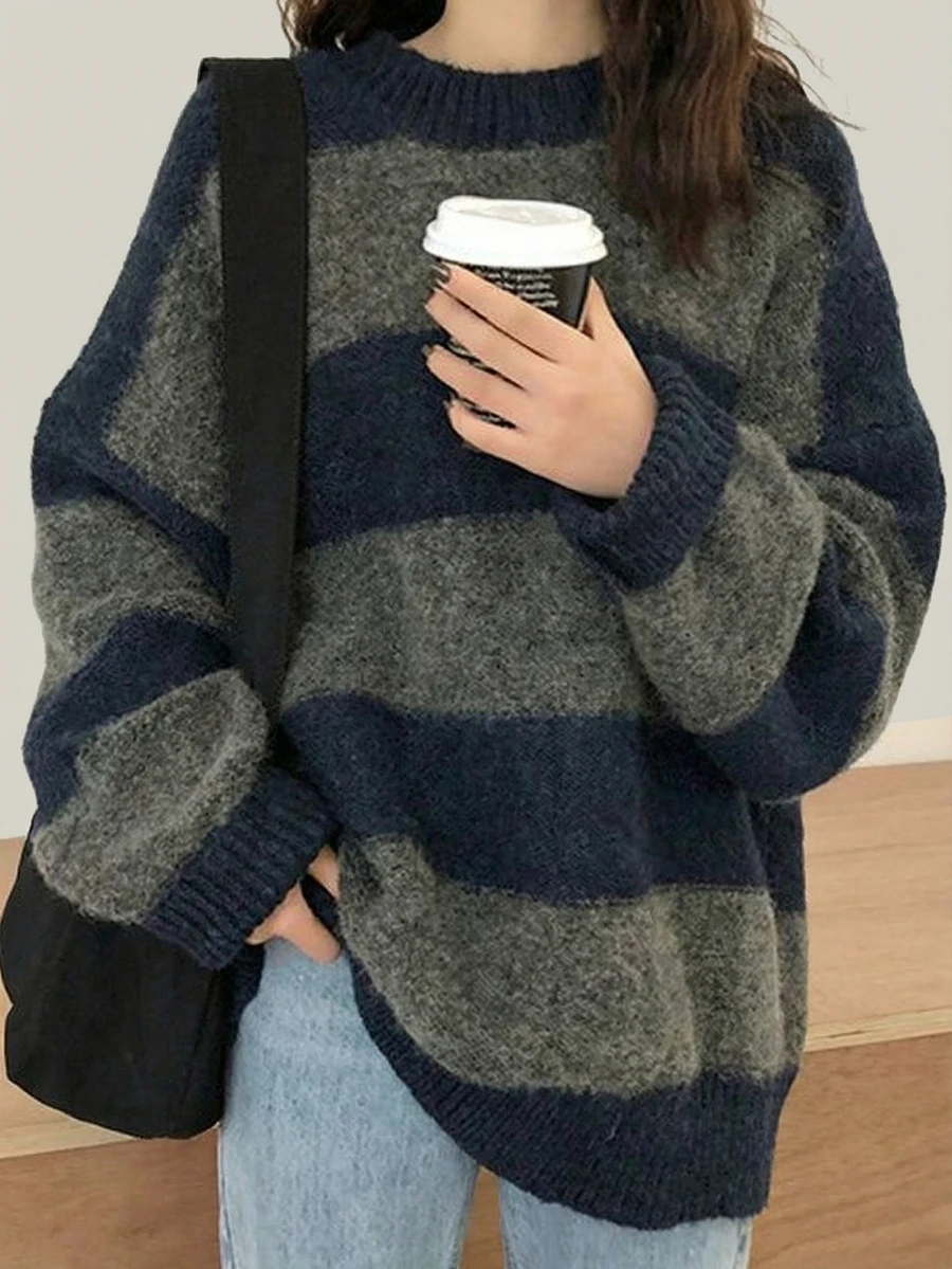 EAVA 女款復古韓系粗針編織寬鬆套頭毛衣,適合秋冬穿著 - 藏蓝色 - 查看 1