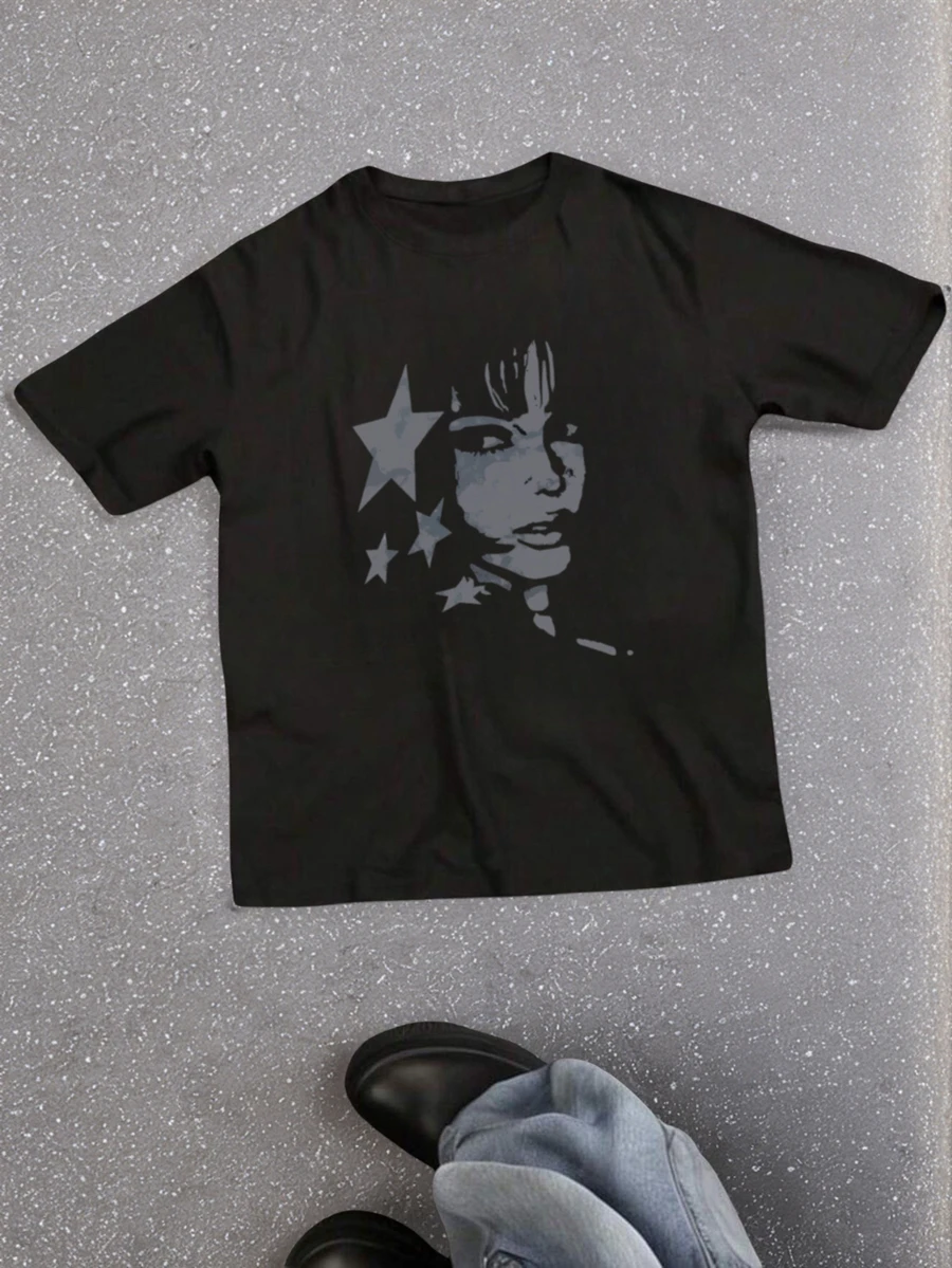 夏季休闲星形印花圆领短袖T恤，适合女孩和儿童 - 时尚的星形图案T恤，激发孩子的想象力和自我表达！童装，女孩图案T恤，夏季上衣，青少年服装