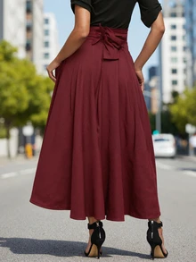 欧美时尚秋装女装优雅腰部精致时尚风百褶裙Y2K服饰女装街头潮流独立站爆款女装返校通勤蝴蝶结收腰修身休闲摆裙 - 酒紅色 - 查看 2