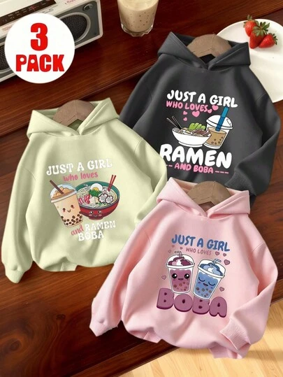 3pcs Tween Girl Thermal Lined Warm Sweatshirt With Boba Tea & Ramen Print, Cute & Cozy Youth Clothing For Autumn/Winter