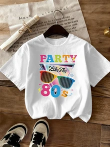 Camiseta gráfica de cultura musical disco, estilo vintage, texto colorido con gafas retro y patrón de elemento de relámpago, llena de nostalgia de la cultura de las fiestas, camiseta de mujer, cómoda de cuello redondo, blusas de mujer, otoño de mujer, diaria casual, otoño e invierno de mujer, parte superior de abrigo de mujer - Blanco - Ver 2