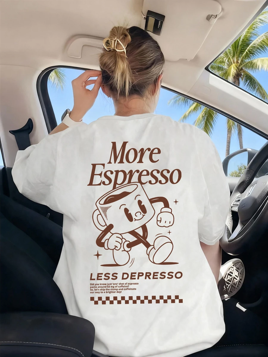 Áo thun nữ cỡ lớn dáng rộng cổ tròn tay ngắn in hình câu lạc bộ cà phê đậm đặc, phong cách mùa hè thường ngày. - trắng - Xem 1