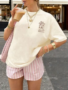 大码女式宽松圆领短袖T恤，印有浓缩咖啡俱乐部图案，休闲夏季风格 - 杏色 - 查看 4