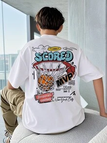 1 件白色休闲篮球印花短袖 T 恤，适合夏季青少年男孩和年轻学生