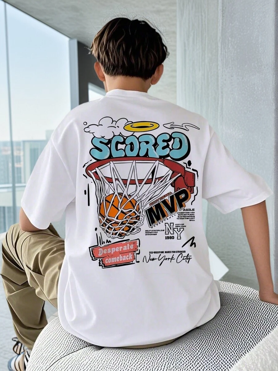 1 件白色休闲篮球印花短袖 T 恤，适合夏季青少年男孩和年轻学生