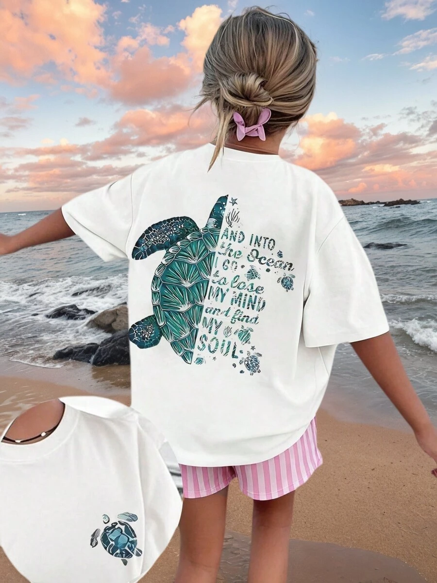 1 pieza Camiseta de manga corta de verano con gráfico de tortuga marina tropical para niñas preadolescentes, top casual ideal para jugar en la playa - Blanco - Ver 1