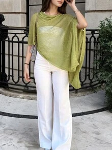 Soulscape Áo choàng poncho xuyên thấu màu xanh ombre dành cho nữ, kiểu dáng bất đối xứng, chất liệu dệt kim, cỡ nhỏ. - màu xanh lá - Xem 6