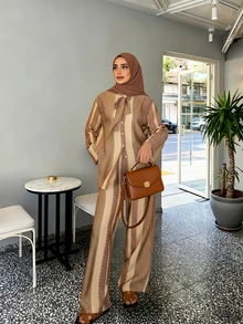 2pcs Ramadan Outfit Set, Bow Tie Front Elegant Striped Simple Suit For Women, Including Blouse And Regular Pants, Casual Bohemian Style - Yellow - View 2