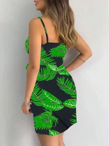 Đầm ngắn nữ họa tiết hoa, dây mảnh, thắt nơ phía trước, thích hợp cho mùa xuân/hè, dự tiệc hoặc đi nghỉ mát. - màu xanh lá - Xem 3