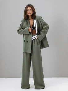 新款春夏女士休闲套装，LEVANA翻领拼接条纹缎带西装外套，双排扣条纹西装上衣搭配阔腿及地长裤，商务简约女装 - 墨綠色 - 查看 2