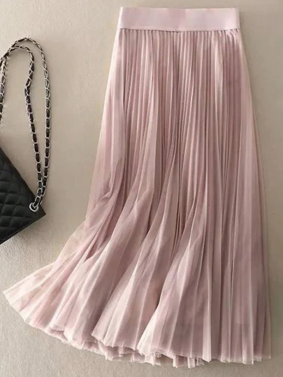 LuminousWealth Women's Elegant Pleated Mesh A-Line Skirt, Suitable For Casual Or Office Wear, Minimalist & Graceful | Polyester Mesh Skirt, Suitable For All Seasons, Great For New Year, Parties