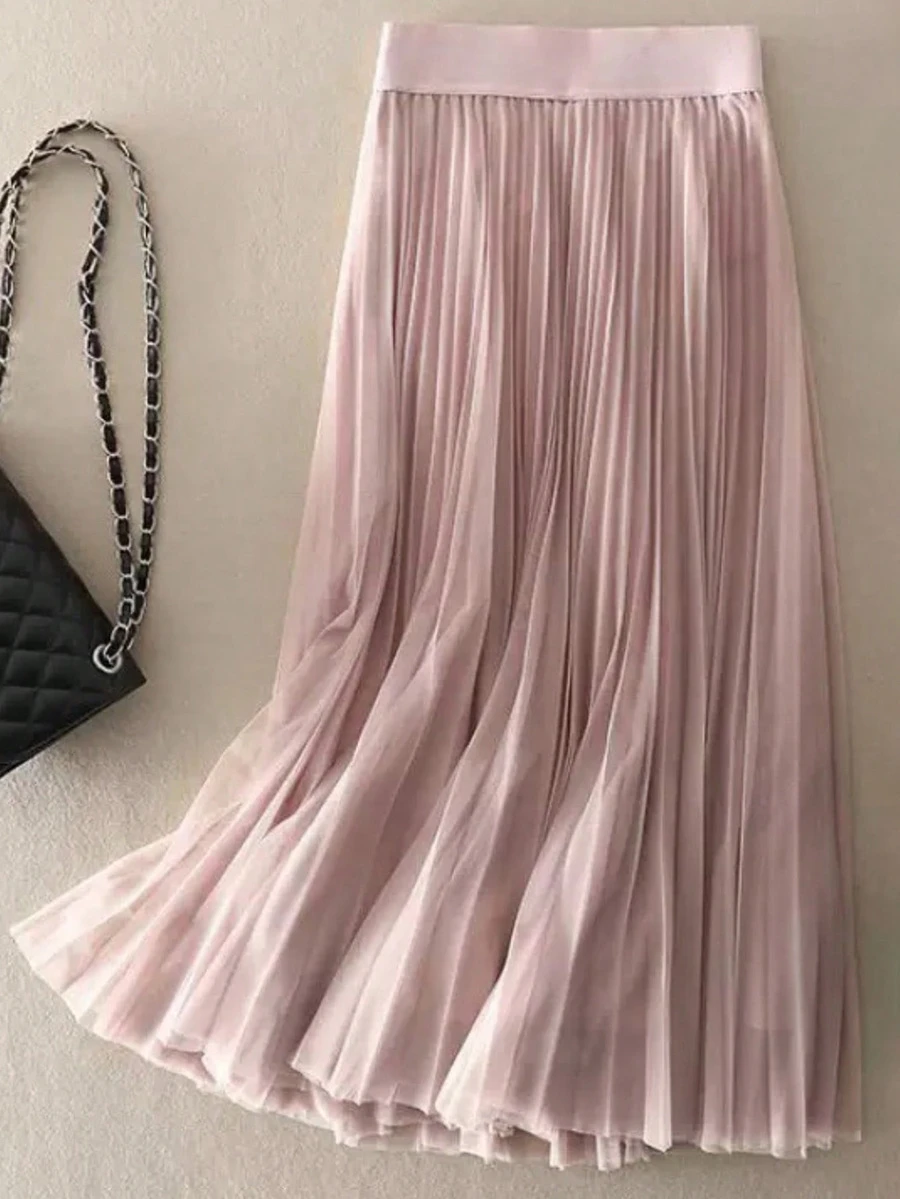 LuminousWealth Women's Elegant Pleated Mesh A-Line Skirt, Suitable For Casual Or Office Wear, Minimalist & Graceful | Polyester Mesh Skirt, Suitable For All Seasons, Great For New Year, Parties - Pink - View 1
