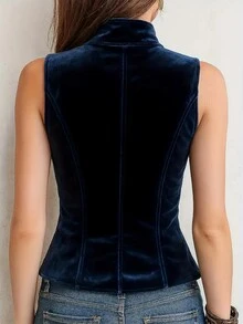 1pc Women's Solid Color Velvet Sleeveless Hollow Button Tank Top Waistcoat, Suitable For Holiday, Vacation, Office, Home, Daily Wear, Date, All Seasons Casual Summer - Blue - View 4