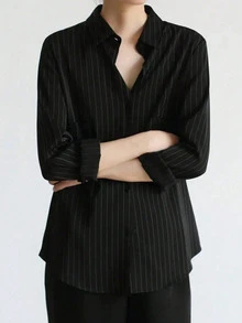 Plus Size Women's Casual Striped Shirt With Turndown Collar, Suitable For Commuting, Spring/Summer - Black - View 3