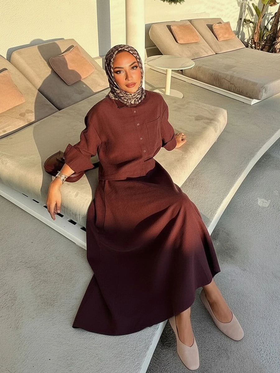 Ramadan Elegant Women's 2-Piece Set, Shirt Collar Button Front Pocket Blouse And A-Line Skirt, Loose Casual Outfit