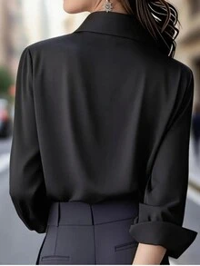 Blusa de satén de manga larga con botones elegante y sólida para mujer, para oficina, vacaciones, diario, viajes, té, primavera/otoño