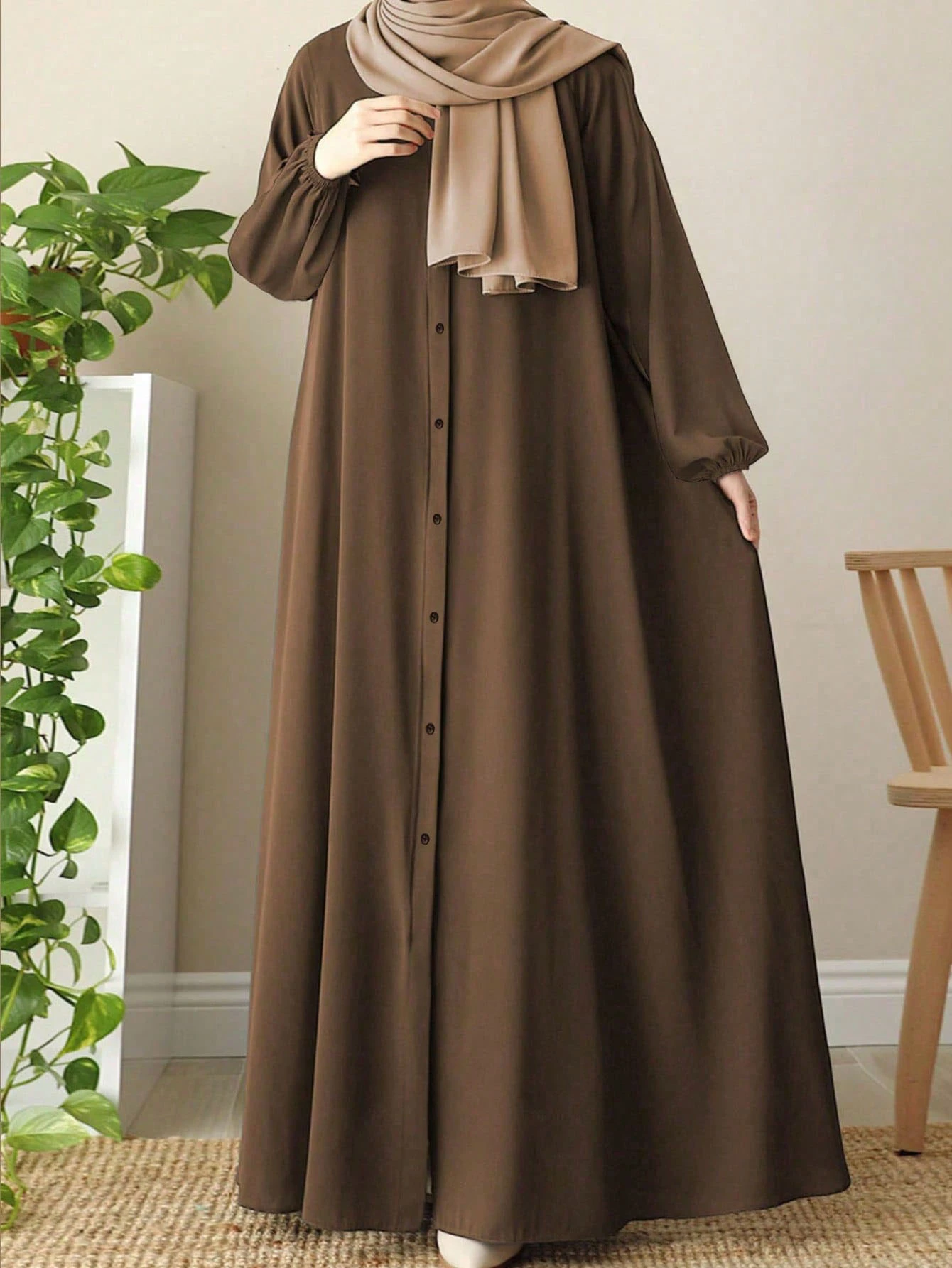 Women's Elegant Arabic Style Solid Color Waist Belt Lantern Sleeve Long Loose Comfortable Robe