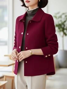时尚简约女士翻领单排扣高品质短款羊毛大衣，休闲宽松纯色长袖复古优雅风格，搭配时尚单品，女士冬季羊毛大衣 - 酒紅色 - 查看 3