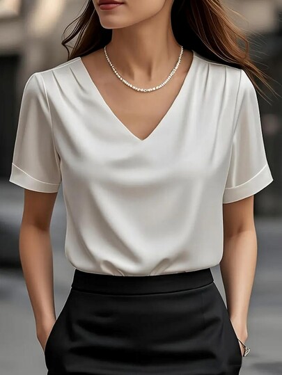 1pc Women's Solid Color Satin V-Neck Short Sleeve T-Shirt Blouse, Elegant & Fashionable, Suitable For Summer, Daily, Office, Dates, Spring/Summer