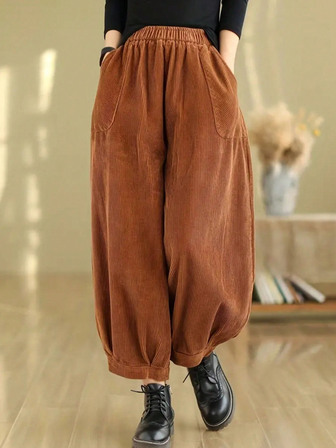 女士休闲纯色弹力腰宽松哈伦裤，春夏款