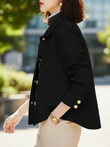 極簡女款翻領單排扣短款大衣，休閒寬鬆純色長袖復古優雅風，冬季黑色秋季 - 黑色 - 查看 2