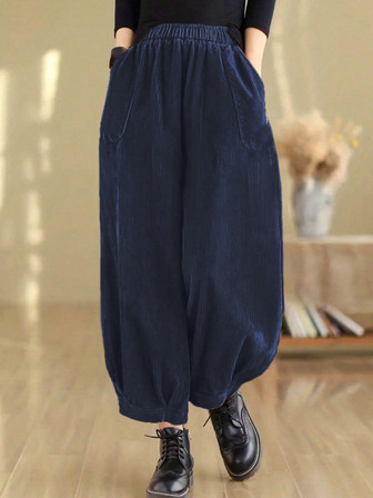 Women Elastic Waist Wide Leg Loose Casual Pants With Pockets