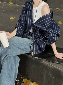 Women's Casual Striped Drop Shoulder Long Sleeve Single-Breasted Shirt, Spring/Summer - Royal Blue - View 1