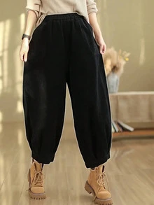 Women's Casual Solid Color Elastic Waist Loose Harem Pants, Spring/Autumn - Black - View 3