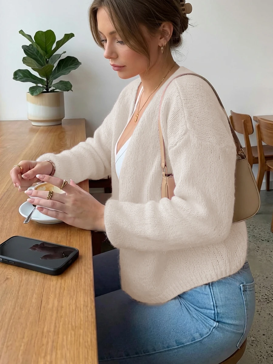 LUBI Basic Loose Fit V-Neck Cardigan, Relaxed Silhouette, Soft Knit Fabric, Solid Color, Casual Wear For Spring, Autumn & Winter, Suitable For Daily, Commute, Afternoon Tea, Travel - Beige - View 1