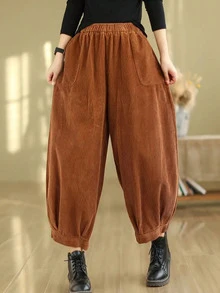 Women's Casual Solid Color Elastic Waist Loose Harem Pants, Spring/Autumn - Brown - View 3