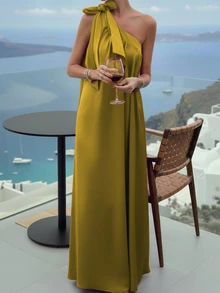 Elegant Solid Color Maxi One-Shoulder Dress, Summer - Mustard Yellow - View 3