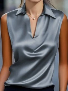 1pc Women's Solid Color Satin Sleeveless Blouse, Elegant Office/Casual Wear, Fashionable For Commute, Home, Daily, Occasions, Spring/Autumn/Summer - Grey - View 2