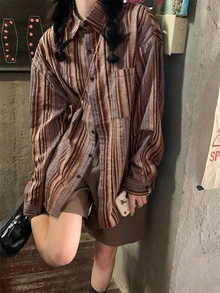女士条纹落肩长袖单排扣休闲宽松衬衫 - 多色-棕 - 查看 2