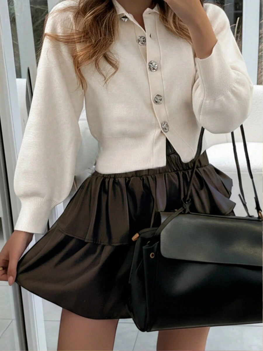 FOR BEAUTY Solid Color Minimalist Large Button Decor Round Neck Long Sleeve Knit Sweater Top For Women, Fashionable Elegant Casual Simple Versatile, Korean Street Style Daily Commute Pullover, Spring Apparel - Beige - View 1