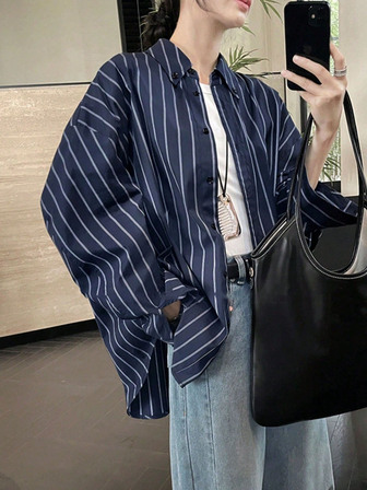 女款秋季条纹落肩长袖单排扣休闲衬衫