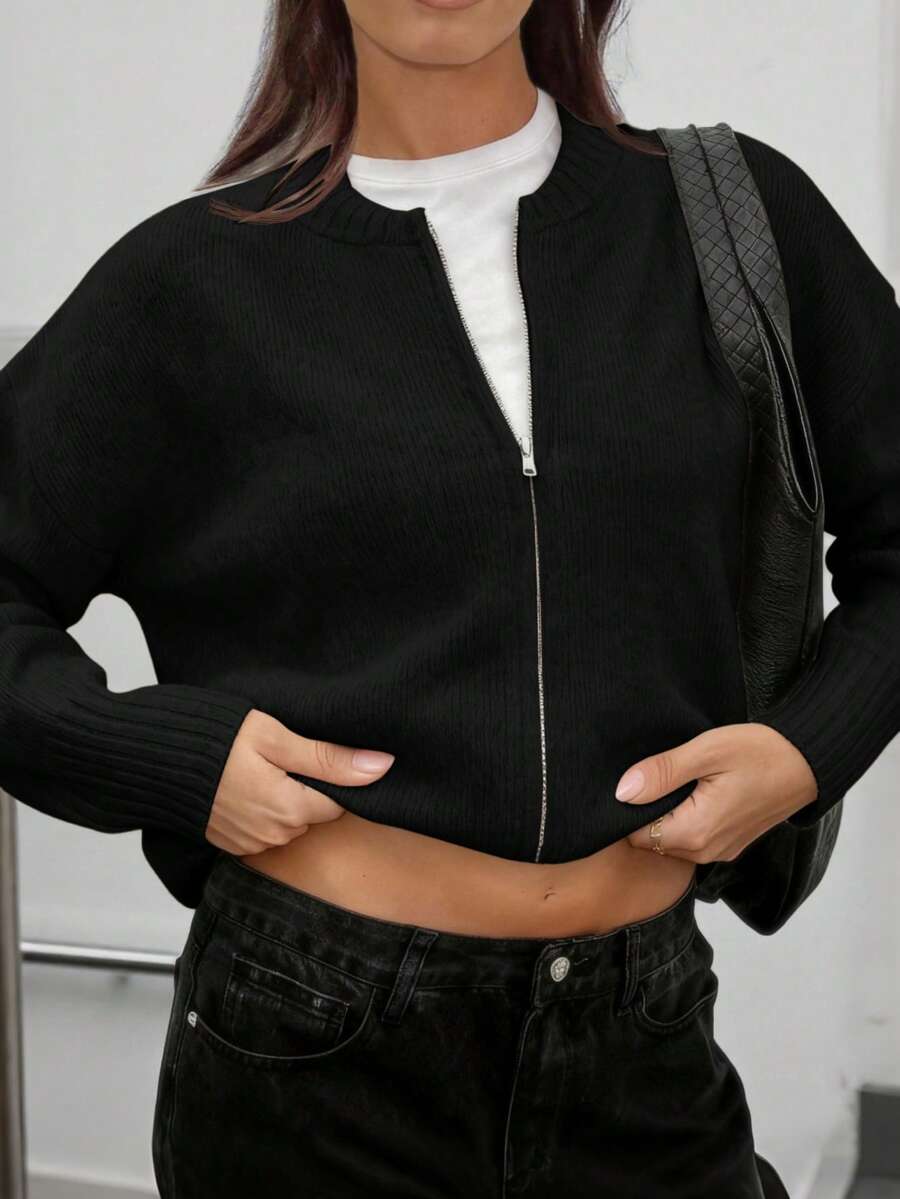 Áo khoác cardigan dệt kim cổ tròn, khóa kéo, màu trơn mới cho nữ, phong cách Hàn Quốc mềm mại, thanh lịch, thoải mái, rộng rãi, đa năng cho các buổi đi chơi và đi làm, trang phục nữ mùa xuân năm mới màu đen - màu đen - Xem 1