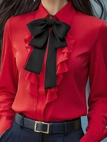 女士优雅荷叶边蝴蝶结长袖衬衫 - 纯色，长袖，前襟纽扣设计，适合通勤和休闲穿着，休闲衬衫 | 优雅上衣 | 荷叶边蝴蝶结细节 春季 - 查看 2